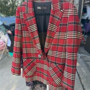 Zara Red and Black Tartan Blazer